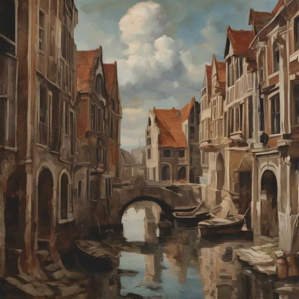 παλιό κανάλι σε βενετσιάνικη πόλη, σύγχρονη ζωγραφική, δημιουργική έκφραση, σκίτσο πόλης, αρχιτεκτονική, ιστορικό κέντρο, τέχνη σε λιμάνι, τοπία, βενετσιάνικο τοπίο.