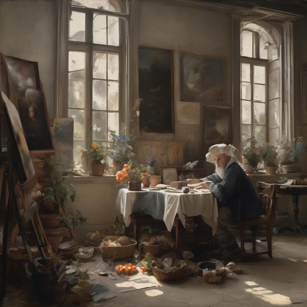 Παλιά πινελιάς ζωγράφος σε στούντιο με φως από μεγάλα παράθυρα, μέσα από την εποχή της σύγχρονης ζωγραφικής.