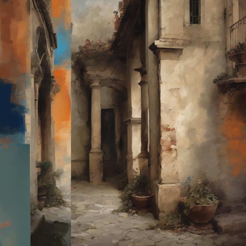 Παραδοσιακή αρχιτεκτονική, σύγχρονη ζωγραφική, δημιουργική έκφραση, μοντέρνο art, εικαστικές τέχνες, καλλιτεχνική δημιουργία, παραδοσιακά στοιχεία, ζωγραφική τοπίου, σύγχρονη τέχνη, εικαστική έκφραση.