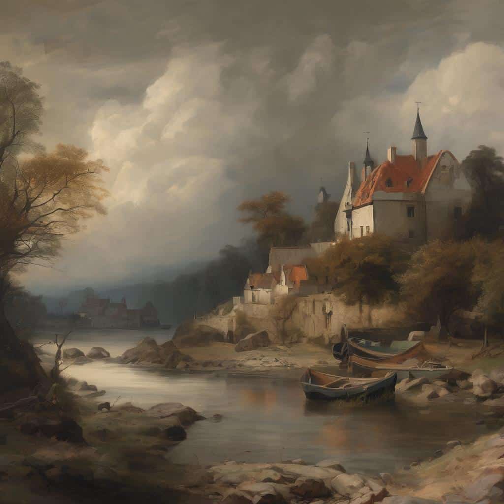 ρομαντική τοπίο με ποτάμι και παλιά σπίτια, σύγχρονη ζωγραφική, δημιουργική έκφραση, τέχνη με θέμα φύση και αρχιτεκτονική.