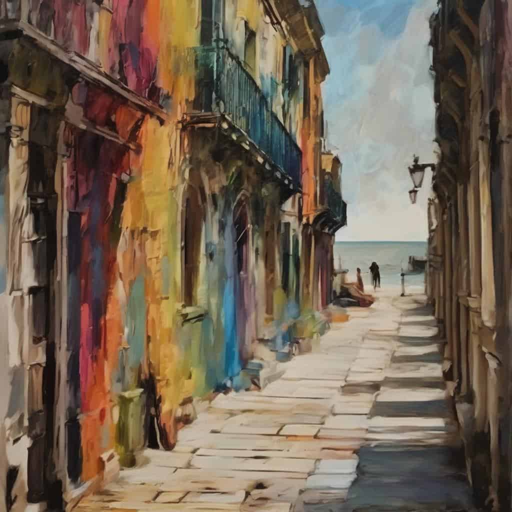 η εικόνα μιας παραλιακής οδού με πολύχρωμα σπίτια σε στυλ σύγχρονης ζωγραφικής και δημιουργικής έκφρασης σε μια παραλιακή πόλη.